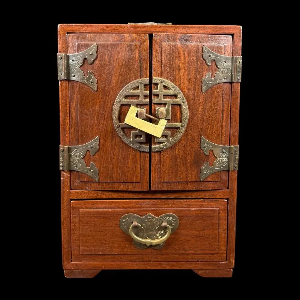 Vintage Chinese Dressing Case Jewelry Box Wood Brass Lined 4 Drawer
